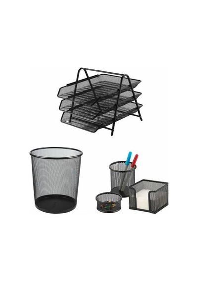 5li Ofis Seti - Kalemlik - Notluk - Ataşlık + Çöp Kovası + 3 Katlı Metal Evrak Rafı