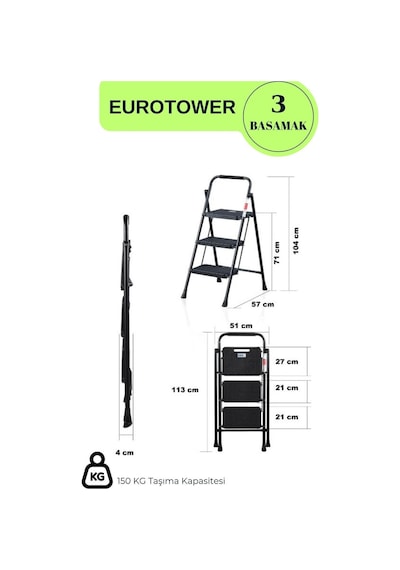 Eurotower 3 Basamak Özel Tasarım Geniş Basamaklı Siyah Merdiven 3+1