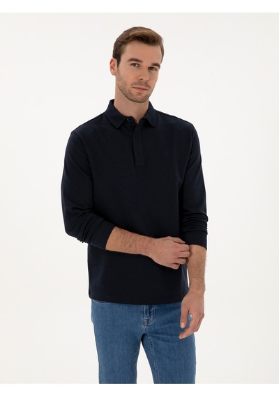 Lacivert Regular Fit %100 Pamuk 3 İplik Polo Yaka Sweatshirt