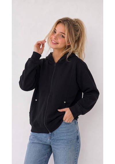Mila Mood Kız Çocuk Siyah Kapüşonlu Fermuarlı Sweatshirt Kalp Detaylı Bol Paça Eşofman 2 Li Takım Mila Mood Kız Çocuk Siyah Kapüşonlu Fermuarlı Sweatshirt Kalp Detaylı Bol Paça Eşofman 2 Li Takım