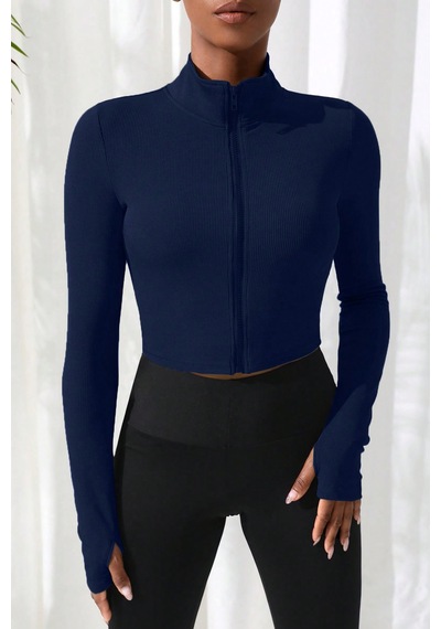 Fantezia Night Kadın Bordo Uzun Kol Fermuarlı Parmak Geçme Detaylı Dik Yaka Crop Top Bluz Lacivert
