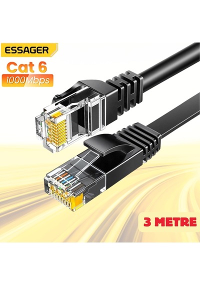 Essager 3 Metre Cat6 1000mbps Süper Hızlı Gecikmesiz Ethernet Kablosu, 1gbps Altın Kablama Uçlu İnternet Kablosu