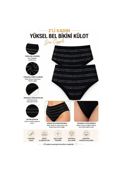 Hepsine Rakip 2li Kadın Sim Çizgili Bikini Külot Yüksek Bel İnce Lastik Ekonomik Siyah