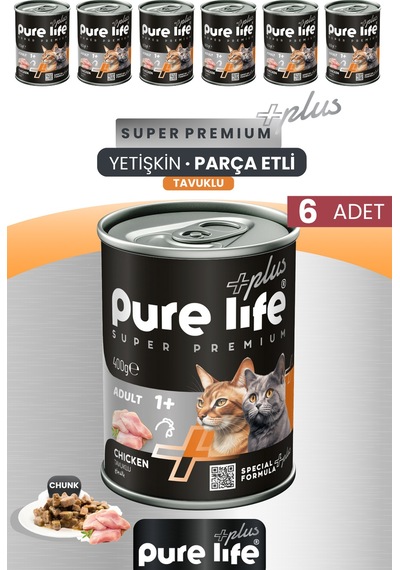 Pure Life Plus 6'lı Tavuklu Yetişkin Konserve Chunk Parça Etli Yaş Mama 400 G