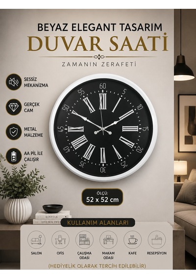 Beyaz Elegant Tasarım 52 Cm Metal Duvar Saati