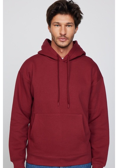Tudors Oversize Pamuk Kapüşonlu Basıc Unisex Bordo Sweatshirt-29404-bordo Bordo