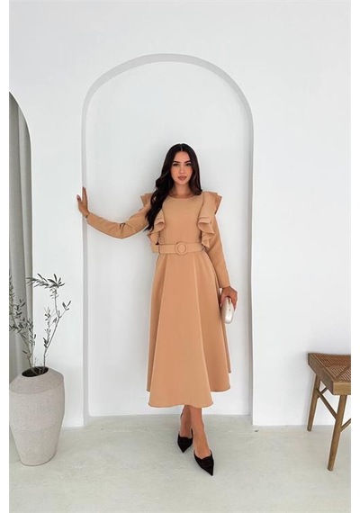 Neşeli Butik Kadın Kol Fırfırlı Kemerli Midi Boy Elbise Nbk4309 Bej