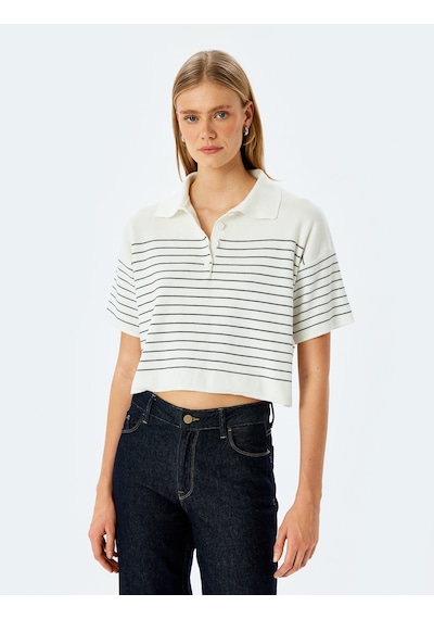 Koton Düğmeli Çizgili Oversize Polo Yaka İnce Triko Kazak Lacivert Çizgili 5sak90007ht 7s2 Çok Renkli
