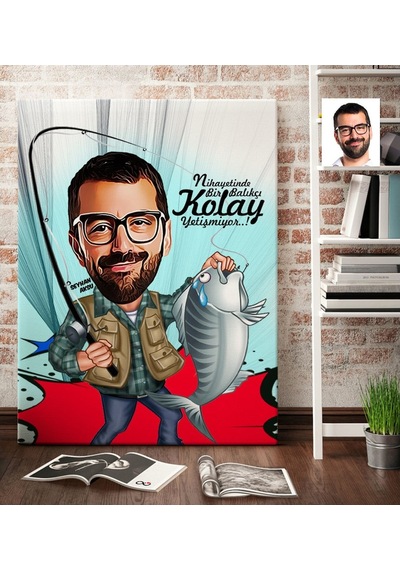 Kişiye Özel Bay Balıkçı Karikatür Kanvas Tablo (70 X 100 Cm.) 1 (370028755)