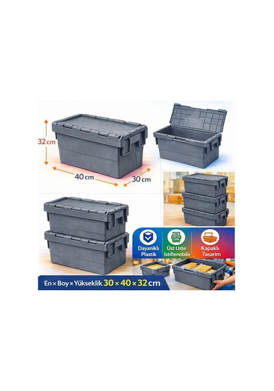 5li 30 40 32 Cm Gri Menteşe Kapaklı Plastik Kasa