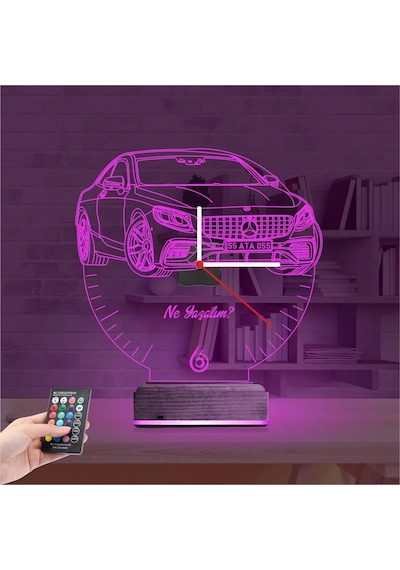 Luvivia Mercedes Araba Kişiye Özel Saatli 3d Lamba - Masa Gece Lambası Şeffaf