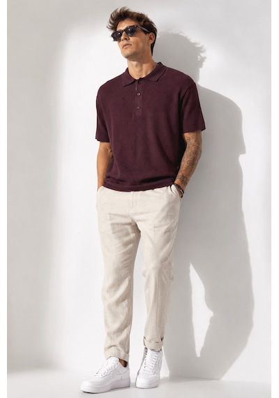 Ribana Erkek Kısa Kollu Fitilli Yarım Düğme Kapama Polo Yaka T-shirt 26001 Mürdüm