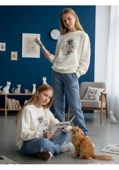 Kız Çocuk Kedi Baskılı Oversize Tasarım Sweatshirt-16487 Ekru