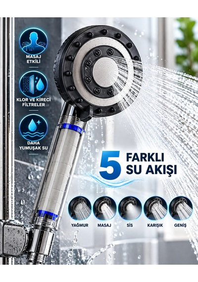 Klor Ve Kireç Filtreli Duş Başlığı 5 Farklı Su Akışı Masaj Etkili Filtreli Duş Başlığı - Lisinya Siyah