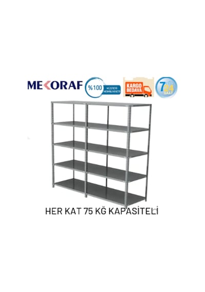 Mekoraf 43 X 93 2 Metre 5 Katlı 2 Ünite Raf Sistemi Gri