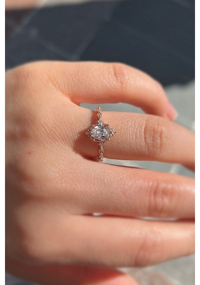 925 Ayar Gümüş Rose Gold Oval Kesim Zirkon Taşlı Vintage Tasarım Kadın Yüzük Rose