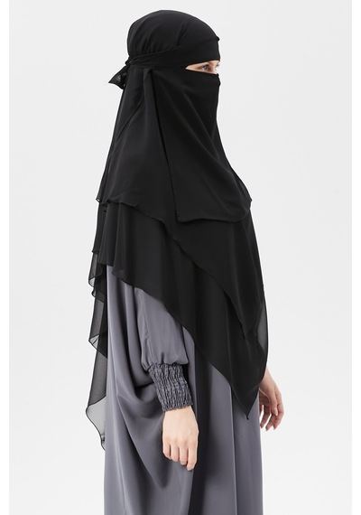Altobeh Hazır Pratik Şifon Üç Katlı Peçeli Üçgen Hac Umre Şalı Sufle Hijab Nikap Siyah