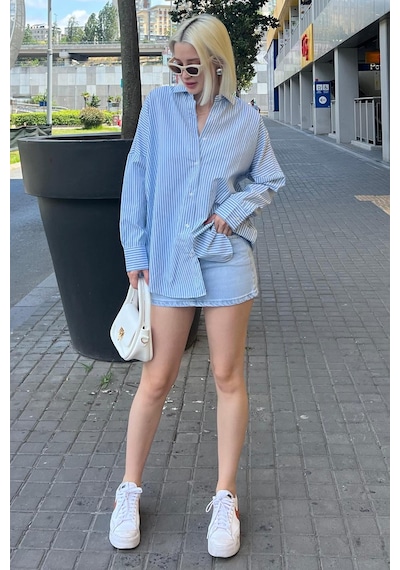 Madmext Mavi Çizgili Over Fit Gömlek Mg1525 Mavi