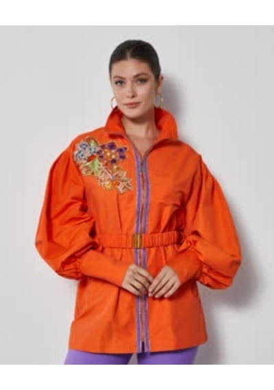 Serpil Exclusive Şık Kadın Mont- İşlemeli - Kemer Detaylı - Modern Tasarım - Günlük Kullanım İçin Mont Orange Turuncu