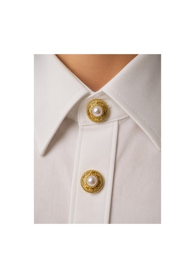 Button İncili Düğme Broşu - Vintage İnci Detaylı Gold Altın Gömlek Yaka Kol Düğme Aksesuarı Beyaz