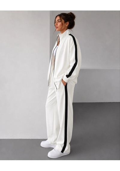 Moda Kadın Scuba Kumaş Oversize Şerit Detaylı Fermuarlı Alt Üst Eşofman Takımı - Beyaz Çok Renkli