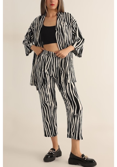 Woman And Kids Kadın Zebra Desenli Kimono Alt Üst Takım Siyah - Beyaz