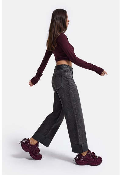Kadın Koyu Füme 4w6-14 Relaxed Fit Paça Detaylı Denim Jean