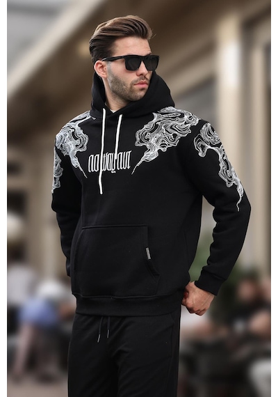 Madmext Siyah Kapüşonlu Cep Detaylı Baskılı Erkek Sweatshirt 7052-siyah Siyah