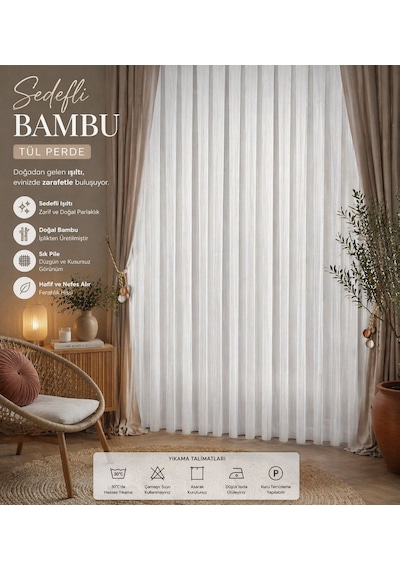 Ütü İstemez Sedefli Lüx Bambu Model Tül Perde 1/2 Seyrek Pileli Modern-şık Özel Ölçü Ekru