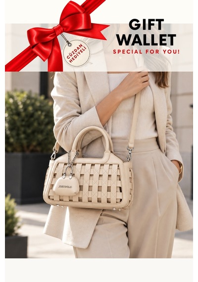 Just Polo Krem Cuzdanli Kadin Orgu Desenli El Ve Omuz Cantasi Capraz Askili Premium Tasarim Lux Segment Krem - Camel