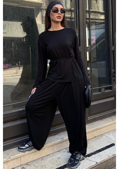 Madmext Siyah Likralı Modal Şalvar Takım Mg2784