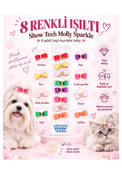 Show Tech Molly Sparkle Taşlı Lastikli Kurdele Kedi Köpek Tokası 8 Adetli Paket