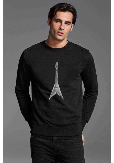 Drawing Rock Guitar Baskılı Siyah Erkek Örme Sweatshirt