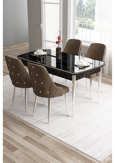 Canisa Tia Serisi 80x132 Mdf Açılabilir Siyah Mermer Desen Krom Detay Masa Takımı Ve 4 Kahverengi Sandalye Masa Siyah Mermer Desen Sandalye Kahve Canisa Tia Serisi 80x132 Mdf Açılabilir Siyah Mermer Desen Krom Detay Masa Takımı Ve 4 Kahverengi Sandalye Masa Siyah Mermer Desen Sandalye Kahve