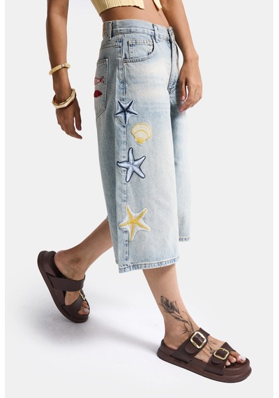 Itsbasic Kadın Kot Rengi 4s6-32 Palazzo Nakış Tasarım Bermuda Denim Jort