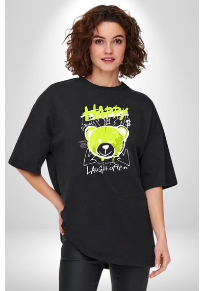 Sık Sık Mutlu Gülmek Teddy Bear Pamuklu Bisiklet Yaka Unisex Oversize Boyfriend Dijital Baskılı Siyah T-shirt Siyah