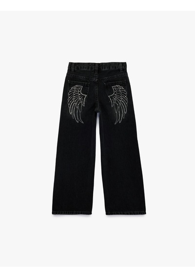 Koton Pamuklu Kanat İşleme Detaylı Geniş Paça Denim Pantolon Siyah 6skg40079ad Siyah