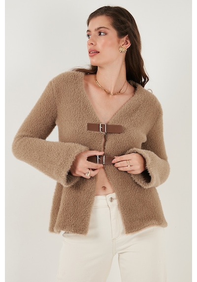 Lela Premium Regular Fit V Yaka Çift Kemerli Peluş Bayan Hırka 680Hi00112 Vizon