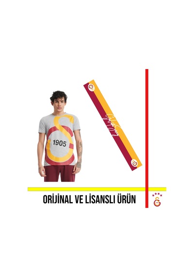 Galatasaray Lisanslı Büyük Logolu Gri T-shirt Ve Galatasaray Yazılı Şal Atkı Gri