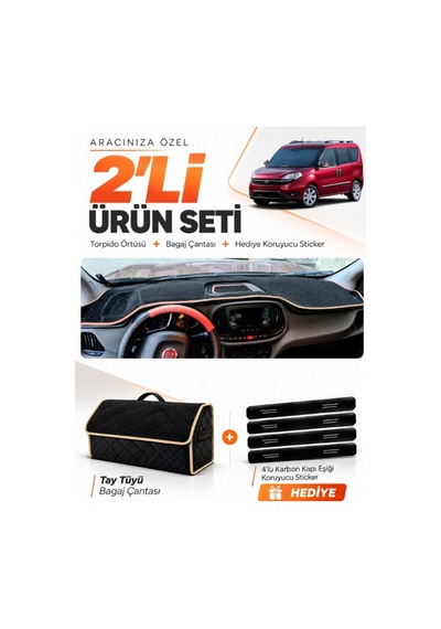 Fıat Doblo 2015-2023 Uyumlu Torpido Örtüsü + Tay Tüyü Bagaj Çantası + Sticker Seti - Siyah Bej
