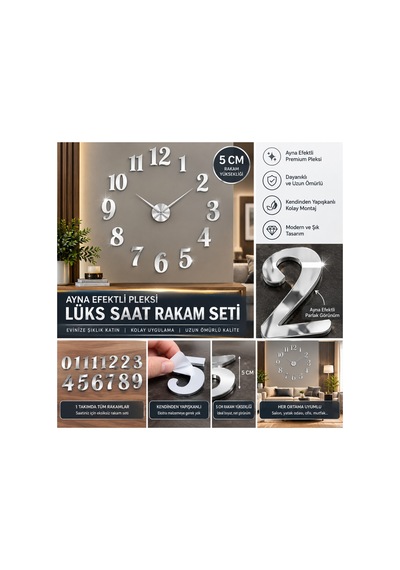 Ayna Efektli Pleksi Lüks Saat Rakam Seti 2'li Takım 5 Cm Ve 3 Cm - Kendinden Yapışkanlı Gümüş Pleksi Kendin Yap Duvar Saati Rakamları Ayna Efektli Pleksi Lüks Saat Rakam Seti 2'li Takım 5 Cm Ve 3 Cm - Kendinden Yapışkanlı Gümüş Pleksi Kendin Yap Duvar Saati Rakamları