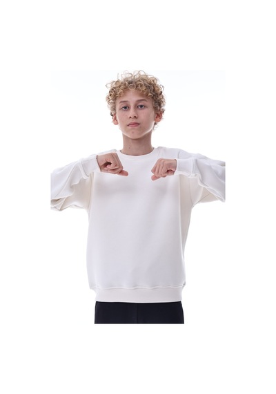 Ekru Erkek Çocuk Sweat Pamuklu Rahat Kalıp Basic Uzun Kollu Ekru