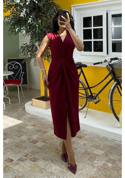 Madmext Bordo Yırtmaç Detaylı Kruvaze Yaka Kadın Elbise Mg2417 Bordo