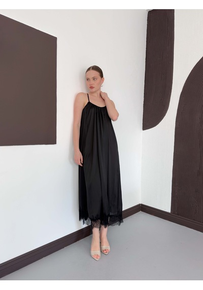 Verymoda Dantel Detaylı Saten Elbise D3022 Siyah