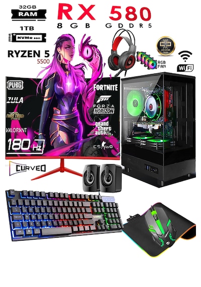Apphirex TC82X R5-5500 32 GB 1 TB M.2 RX580 8 GB 24'' W10P Masaüstü Oyuncu Bilgisayarı