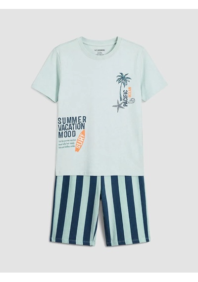 Lc Waikiki Yeşil Bisiklet Yaka Erkek Çocuk Şortlu Pijama Takımı