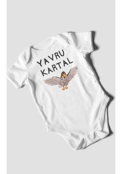 Yavru Kartal Baskılı Bebek Zıbını Çıtçıtlı Body %100 Pamuk Kısa Kol Beyaz
