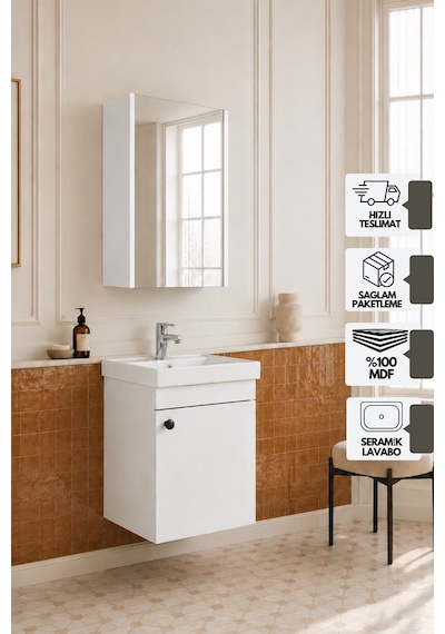 Mimoza 50 Cm, Mdf, Lavabolu, Aynalı Banyo Dolabı Seti, Seramik Lavabo Dahil, Beyaz, Mdf