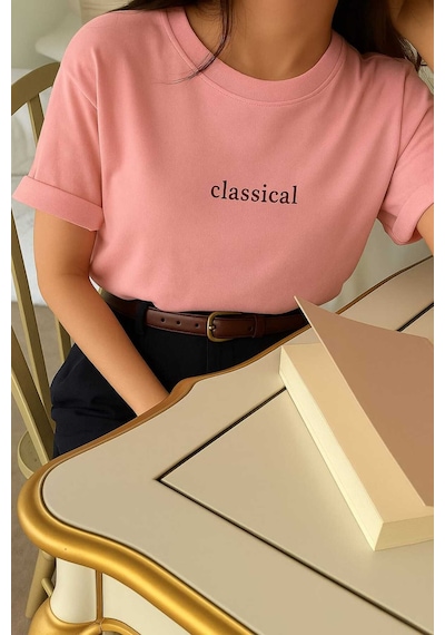 Classıcal Baskılı Oversize Unisex Tişört Pembe