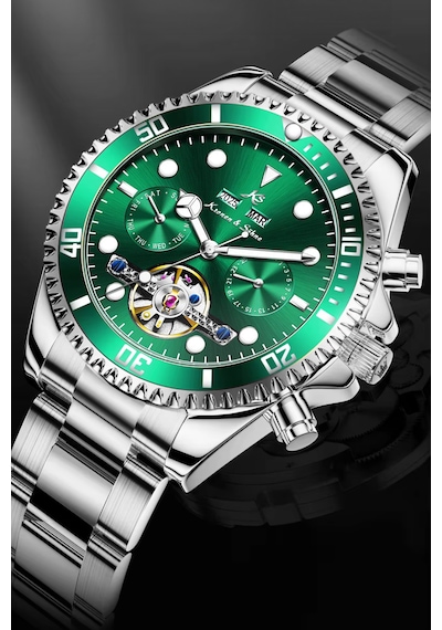 Kronen&söhne Verlux Zümrüt Yeşil Premium Tourbillon Otomatik Erkek Kol Saati Gümüş